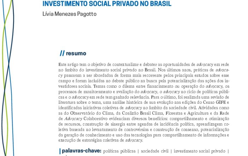 Capa: Advocacy em rede: em busca de maior impacto do investimento social privado no Brasil