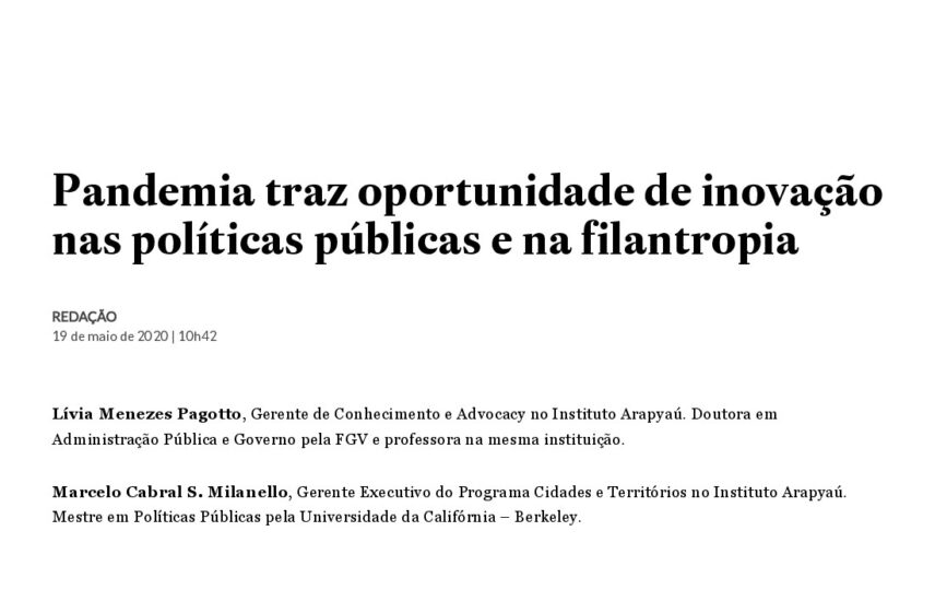 Capa: Estadão: Pandemia traz oportunidade de inovação nas políticas públicas e na filantropia
