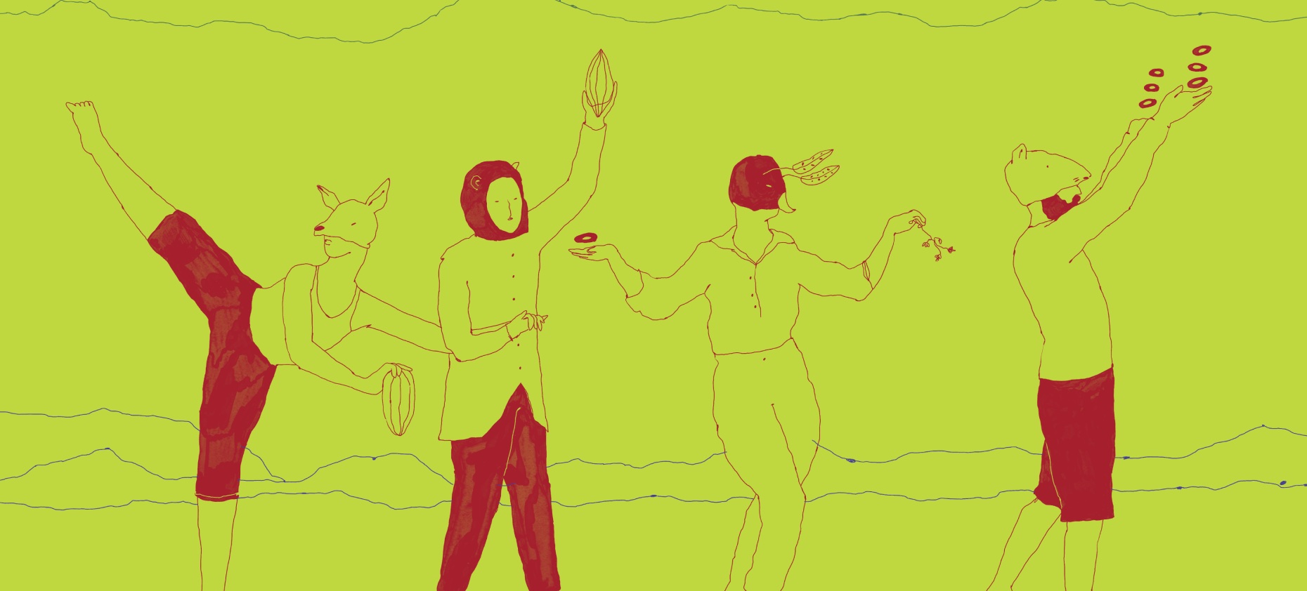Ilustração de figuras dançando sobre fundo lima