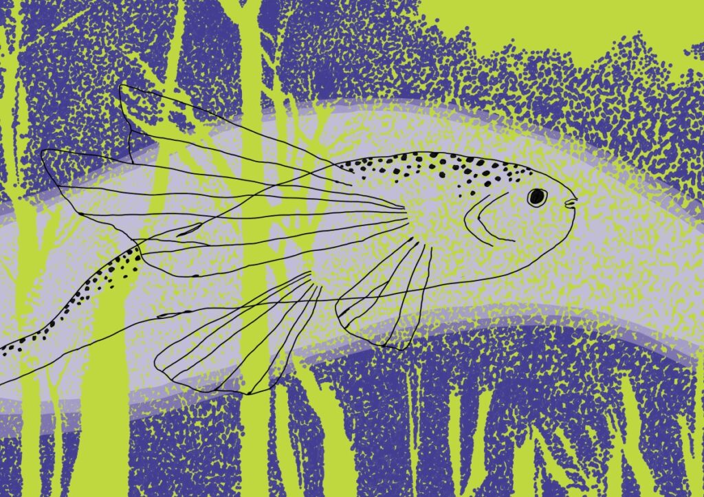 Ilustração de peixe sobre floresta pontilhada
